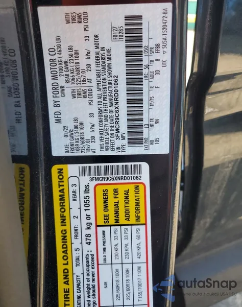 2022 Ford Bronco Sport Outer Banks из США, поврежденный, VIN 3FMCR9C6XNRD01062